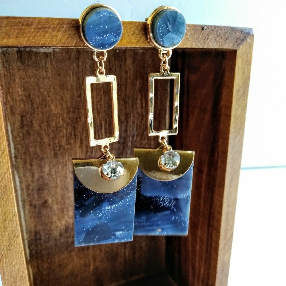 Earrings Goldtone Grey Blue Jewelry 2 ¾" Dangles